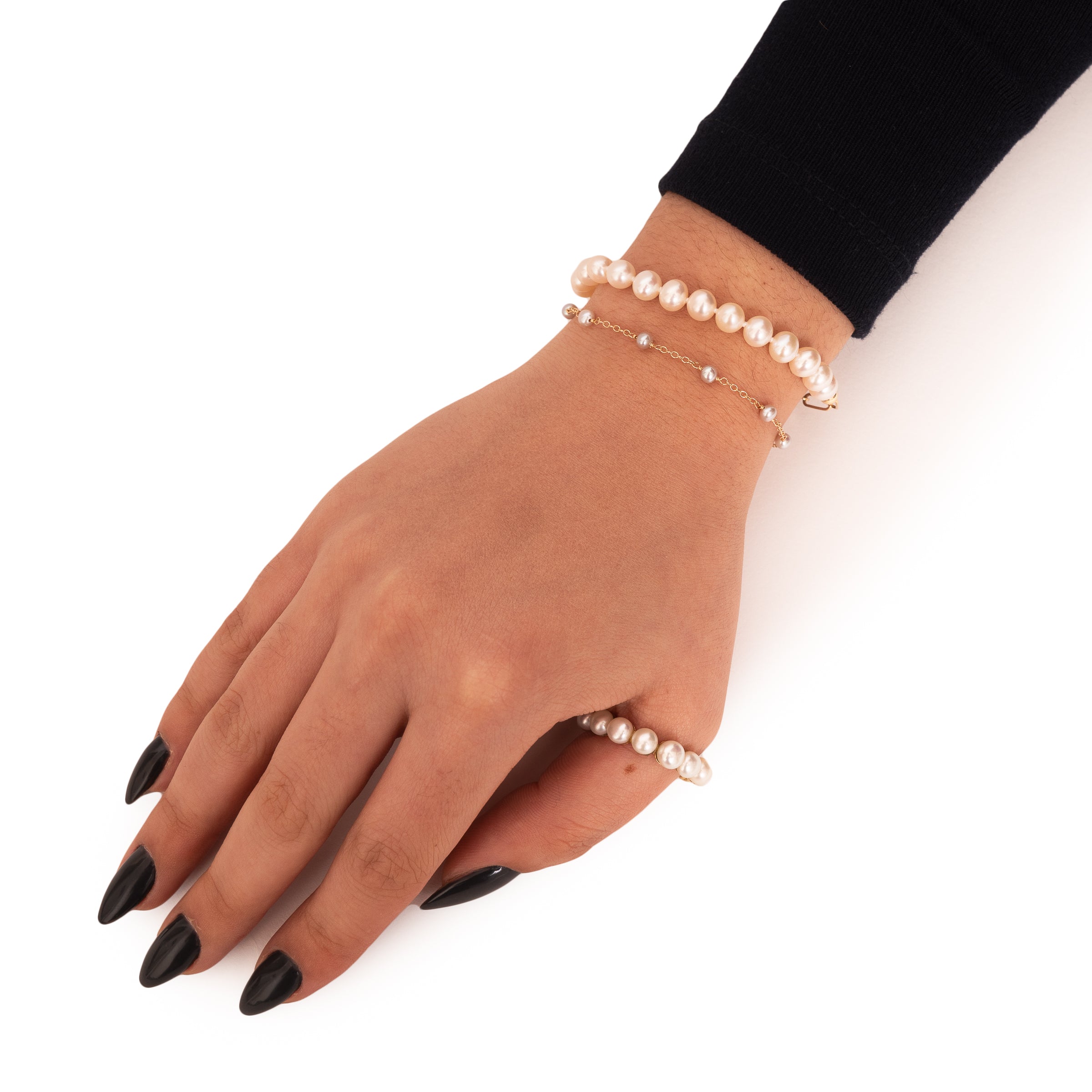 Pulseira meio pérola meio corrente ouro 14k