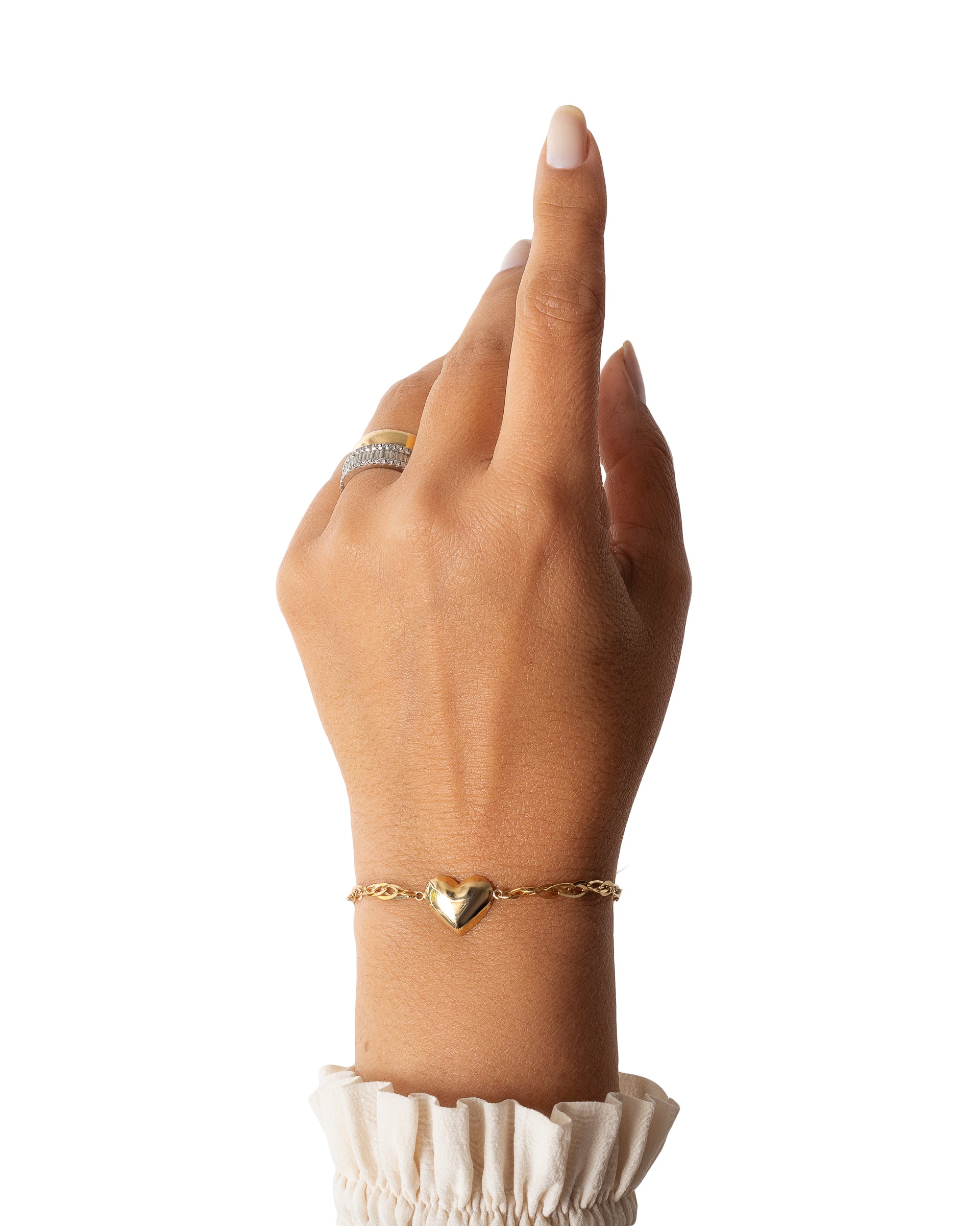 Pulseira elos navetes trançados com chapa de coração ouro 18k