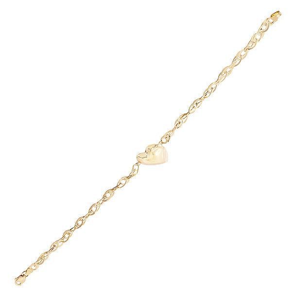 Pulseira elos navetes trançados com chapa de coração ouro 18k