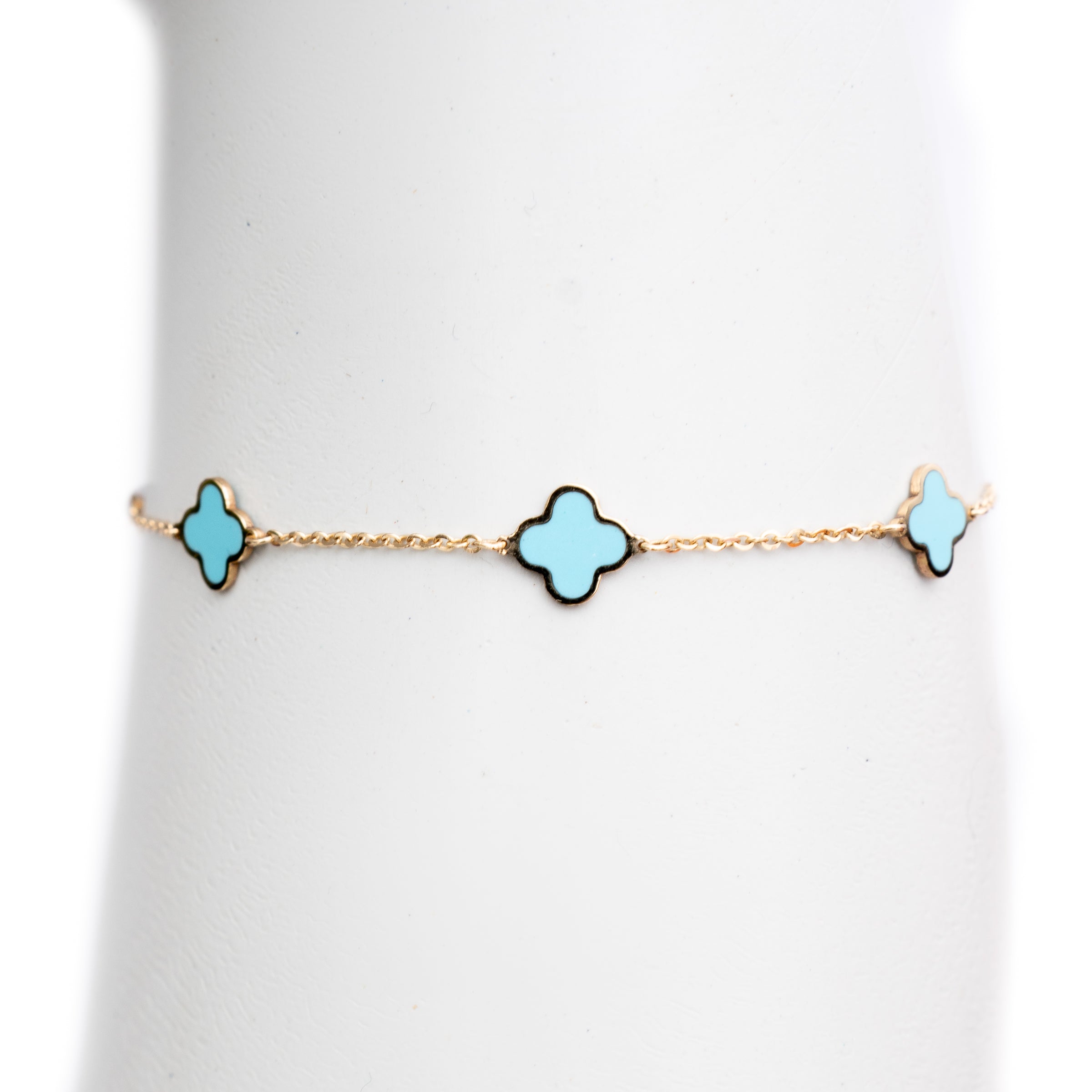 Pulseira ouro 18k com trevo esmaltado azul turquesa