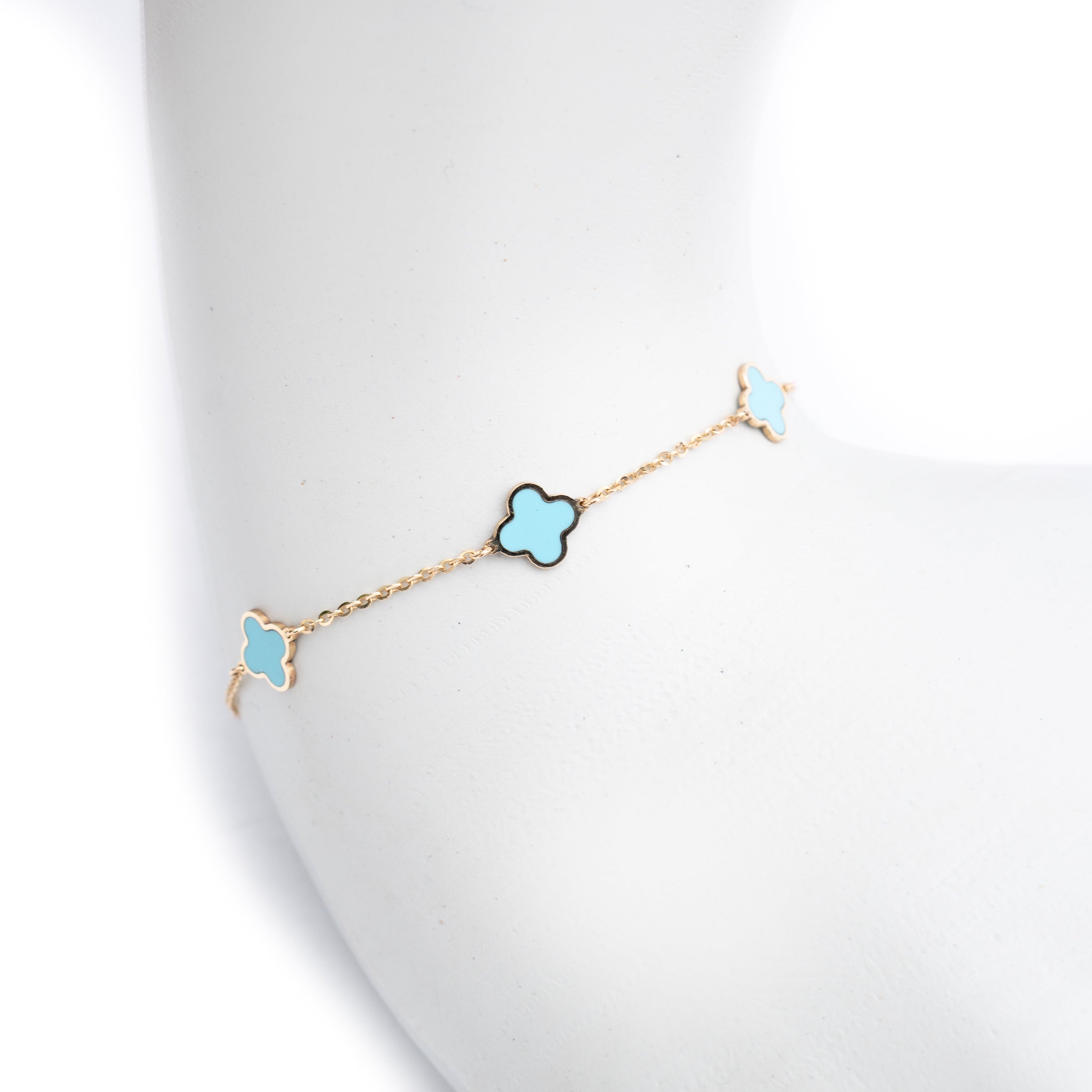 Pulseira ouro 18k com trevo esmaltado azul turquesa