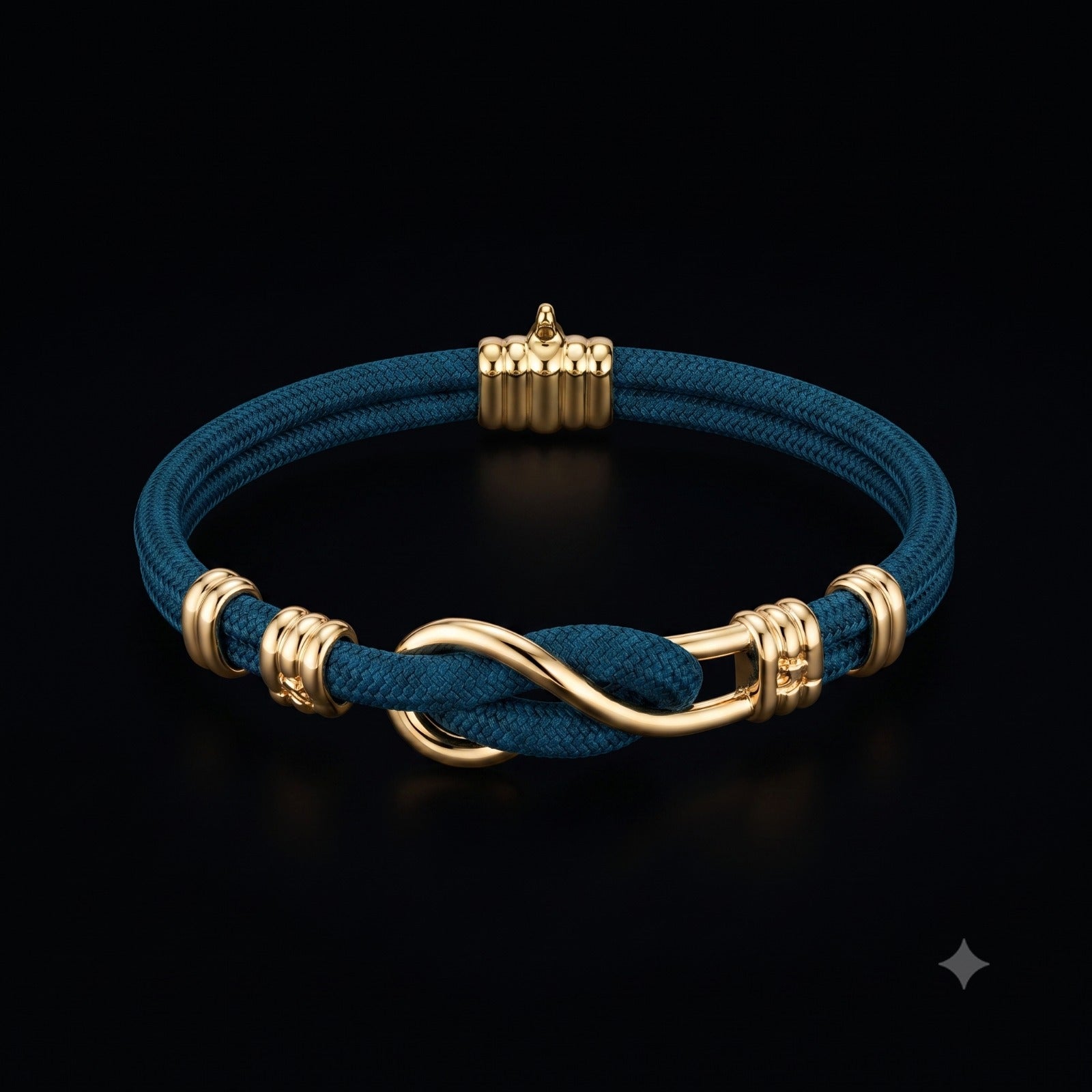 Pulseira masculina corda azul petróleo e ouro 18k