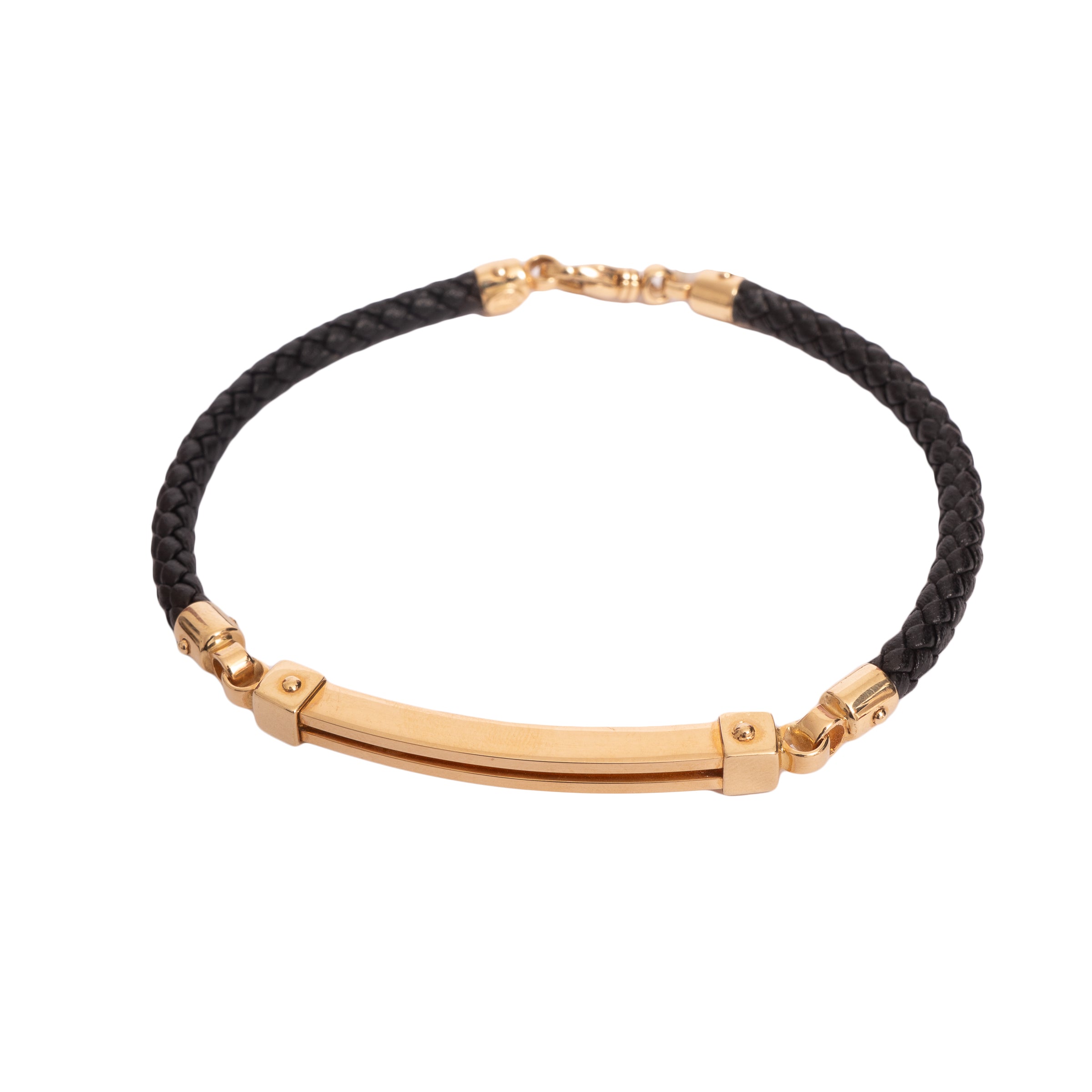 Pulseira masculina couro com chapa vazada ouro 18k