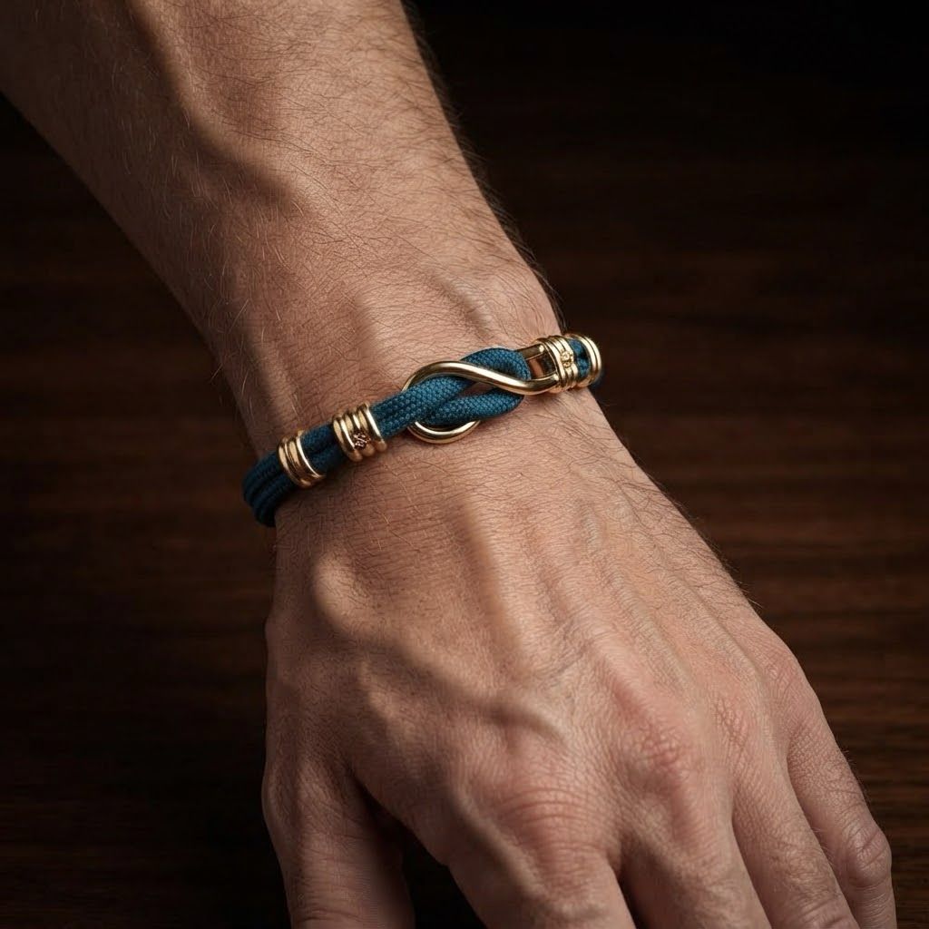 Pulseira masculina corda azul petróleo e ouro 18k