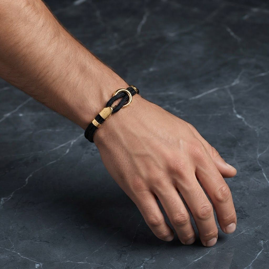 Pulseira masculina corda preta e ouro 18k
