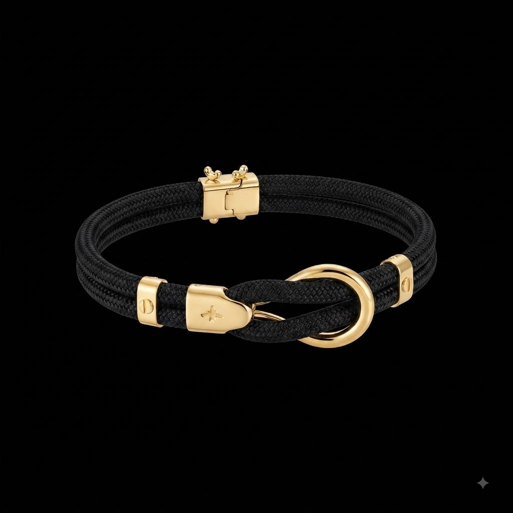Pulseira masculina corda preta e ouro 18k
