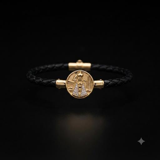 Pulseira masculina em couro, brilhante e ouro 18k medalha Basilica e Nossa Senhora Aparecida