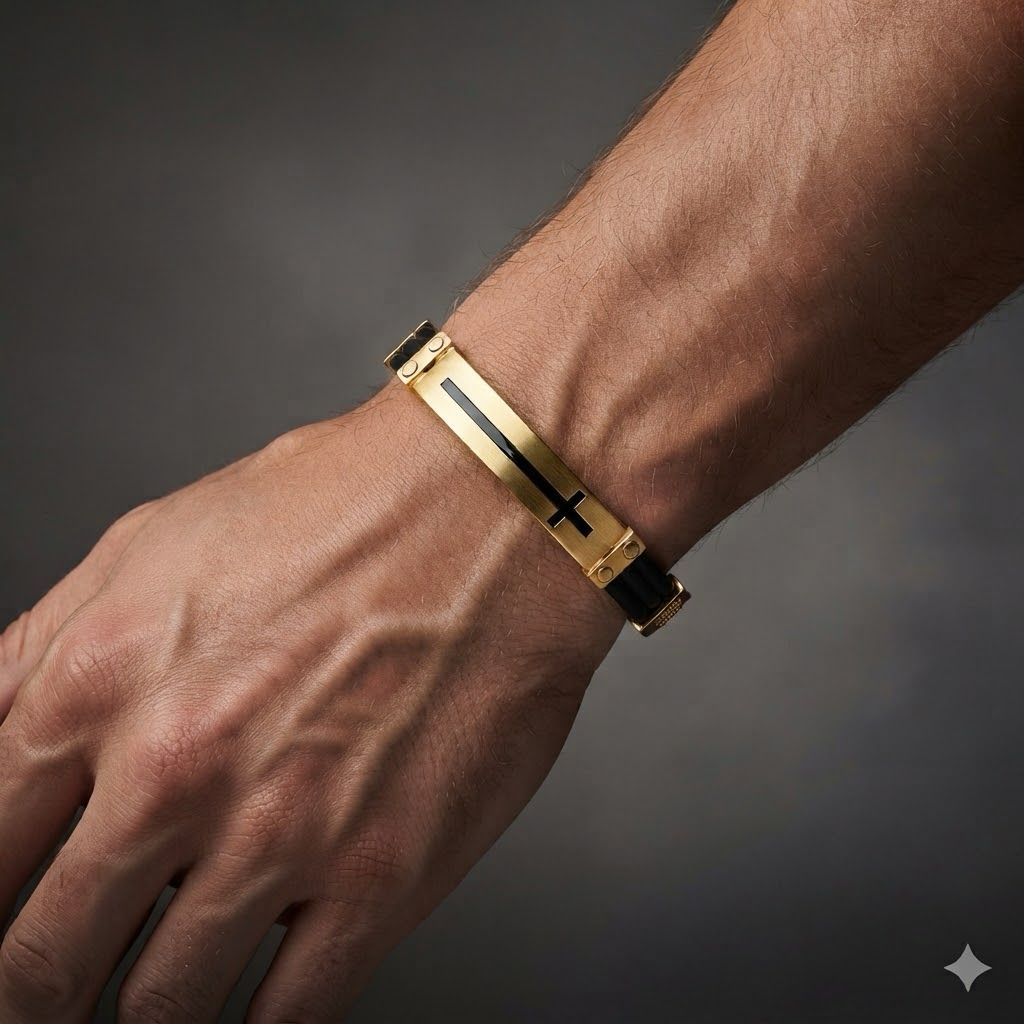 Pulseira emborrachada com crucifixo em ouro 18k