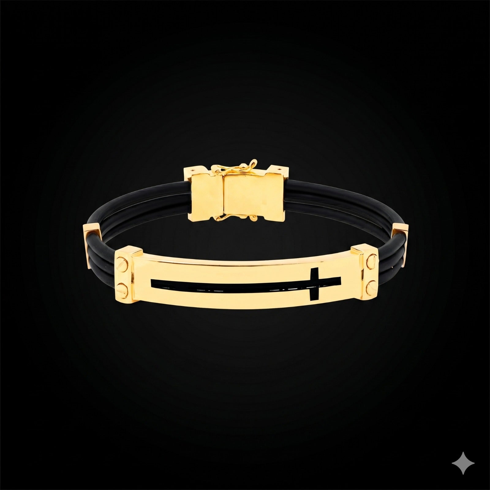 Pulseira emborrachada com crucifixo em ouro 18k