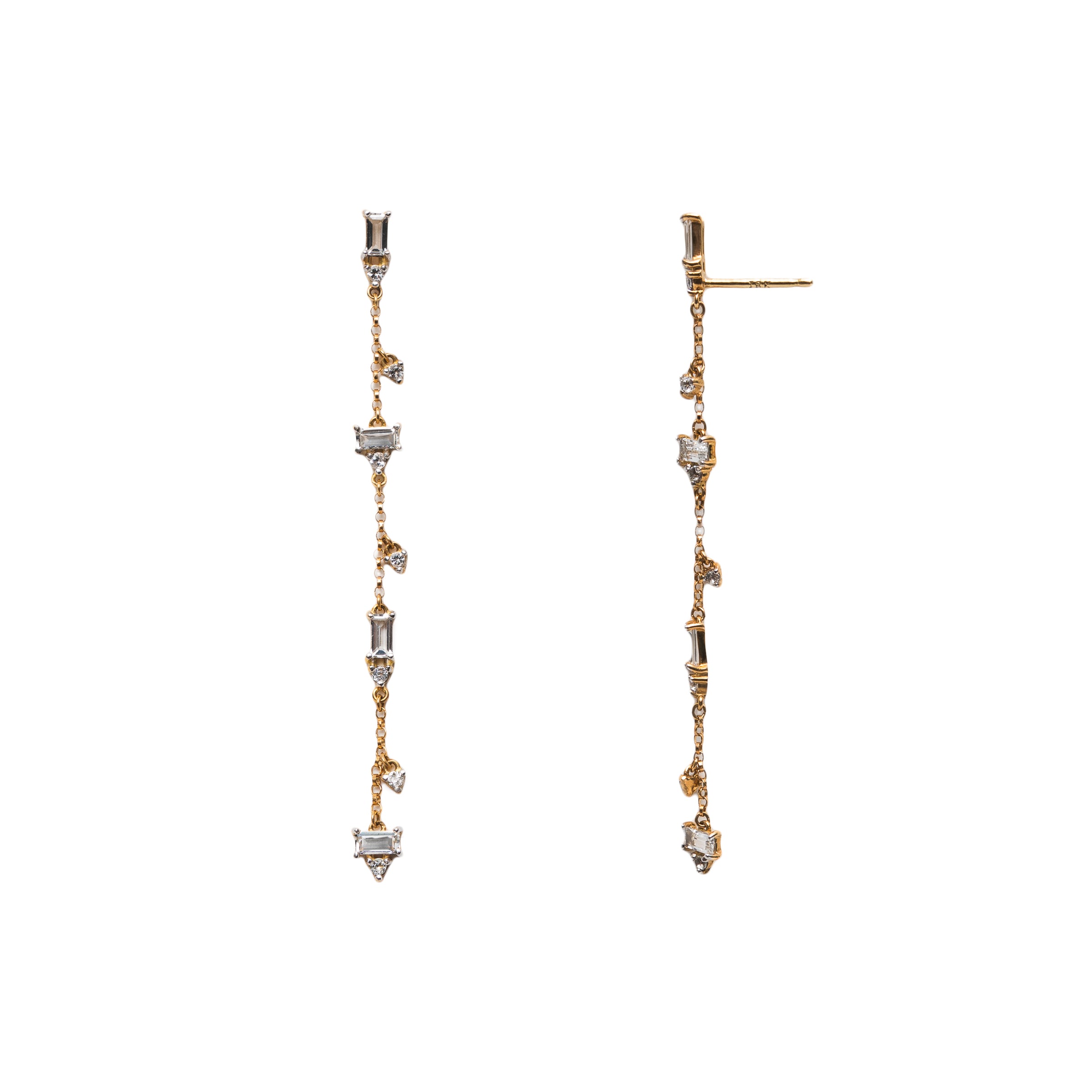 Par de brincos longos com pedras em ouro 18k, uma joia de presente sofisticado e elegância Rose Mafra.
