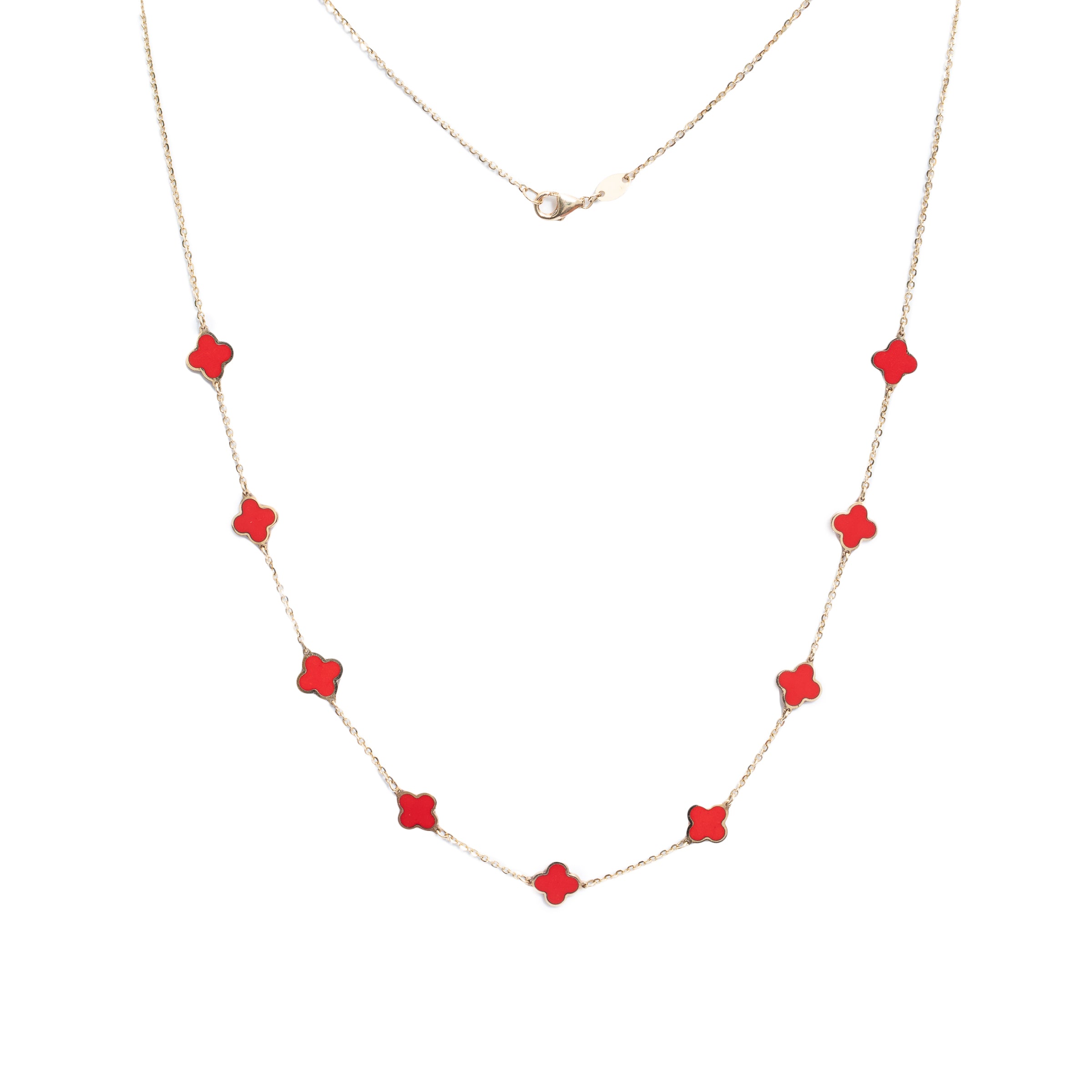 Colar em ouro 18k com trevos esmaltados vermelhos